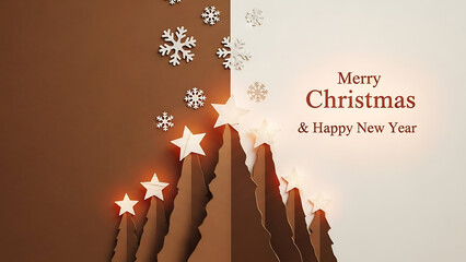 A festive Christmas and New Year celebration with stars shining brightly against a brown background with snowflakes falling gently