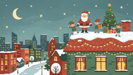 Naklejka premium Winter City Rooftop Christmas Scene with Santa Claus.