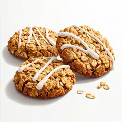 Three oatmeal cookies, light-tan colored, coated with white icing swirled in diagonal stripes, resting on a white surface with scattered oat pieces
