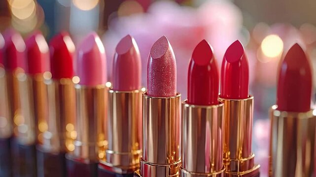 A Row Of Luxury Lipsticks In Shades Of Red And Pink With Gold Casings Illuminated By Soft Bokeh Lights And Floral Elements