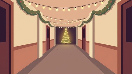 Warm Corridor Leading to Festive Illuminated Tree.