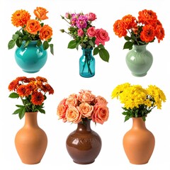 Six vases of assorted flowers, vibrant colors