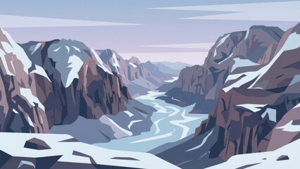 Frozen Mountain Valley with Snow and River Gorge.