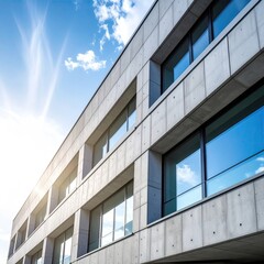 Low-angle view of a modern concrete building facade with rectangular windows, set against a partly cloudy blue sky with sun rays