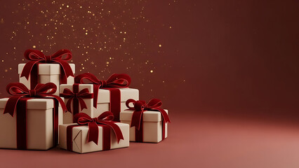 A pile of elegantly wrapped gifts with red ribbons on a festive red background with sparkling lights.