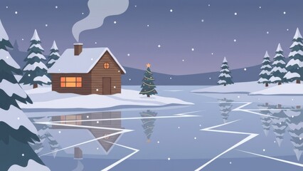 Cozy Winter Cabin by a Snow Covered Lake at Dusk.