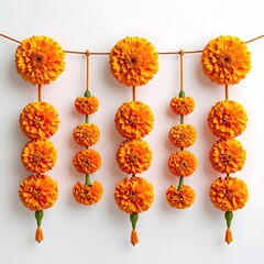 Four rows of vibrant orange marigold garlands