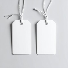 Two blank white rectangular tags, tied with white string, hang from a light gray background