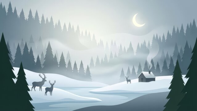 Quiet Winter Forest Scene with Deer and Cabin Under Moonlight.