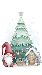 A festive gnome stands beside a decorated Christmas tree and a cozy house in a snowy landscape