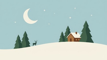 Cozy Winter Night Scene With Cabin Under Moonlight.