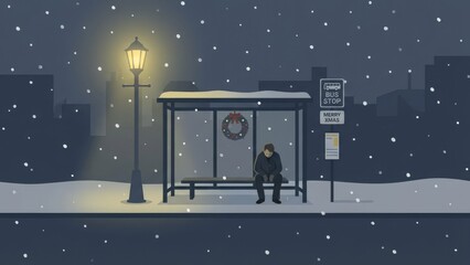 Snowy Night at a Quiet Bus Stop with a Lamp.