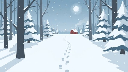 Snowy Forest Path Leading to a Cozy Cabin.