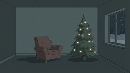 Cozy Dim Living Room With Glowing Christmas Tree.