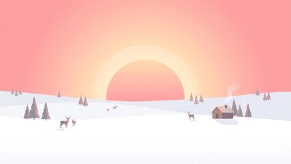 Serene Snowy Landscape at Dawn with Pink Sky.