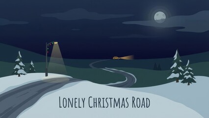 Lonely Christmas Road Under Moonlit Winter Night Illustration.