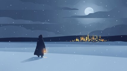 Nighttime lone walker crosses snow towards distant illuminated town.