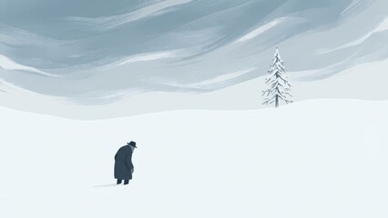 Solitary Penguin Trekking Across Snowy Expanses Under Pale Sky.