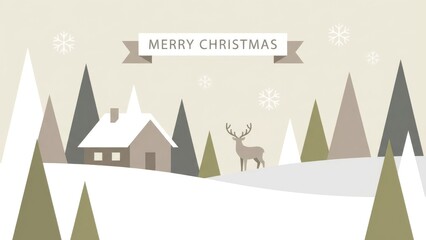 Cozy Winter Landscape With Cottage Deer and Snow.