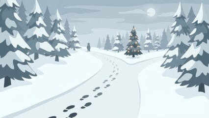 Snowy forest landscape with footprints along a winding snow covered trail.
