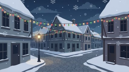 Snowy Village Street Scene at Night with Winter Lights and Cozy Atmosphere.