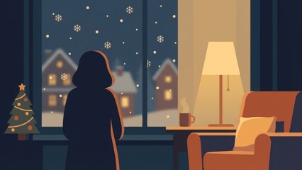 Silent Winter Night Scene with Cozy Holiday Window View.