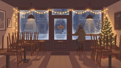 Cozy cafe interior with string lights and christmas tree.