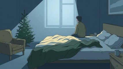 Cozy Attic Bedroom Scene with a Reflective Figure.