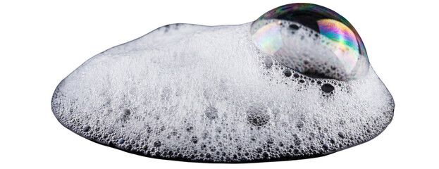 Abstract bubble foam texture with iridescent rainbow colors reflecting on surface, clean soap suds with clear spheres on gray background, macro shot