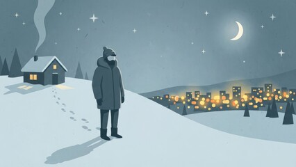 Solitary Winter Traveler Overlooking a Quiet Moonlit Village.