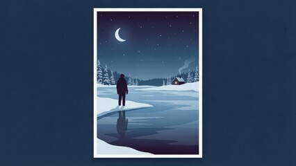 Lone Traveler On Moonlit Arctic Ice Beneath a Crescent Moon.