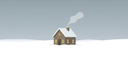 Cozy Snow Covered Cabin with Smoke Rising in Winter.