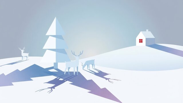 Abstract Snow Cityscape with White Geometric Forms.