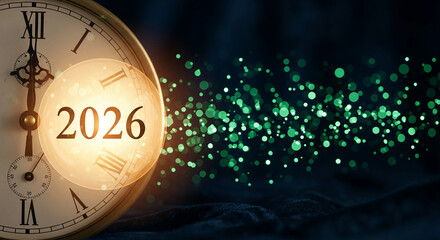 Close-up of an analog clock with the year 2026 visible, surrounded by bokeh lights, representing a countdown to the future or New Year celebration
