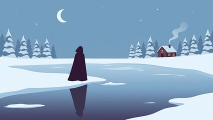 Silent Winter Scene With Lone Silhouette By Lake.