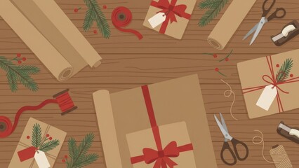 Cozy Flatlay of Gift Wrapping with Ribbons and Scissors.