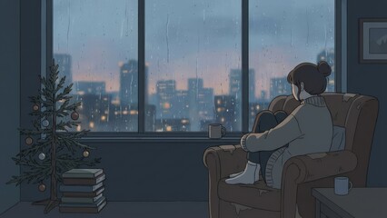 Cozy Night In with Parent and Child Watching City Lights from Sofa.