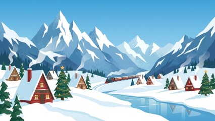Snowy Alpine Village Beneath Tall Glacial Peaks.