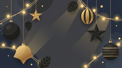 Festive Night Scene with Hanging Ornaments and Lights.