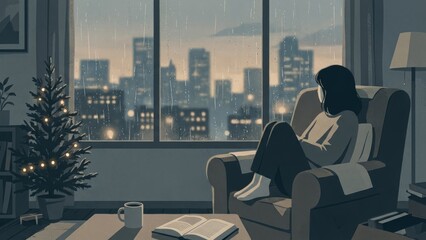 Cozy Evening Reading by City Lights and Christmas Tree.