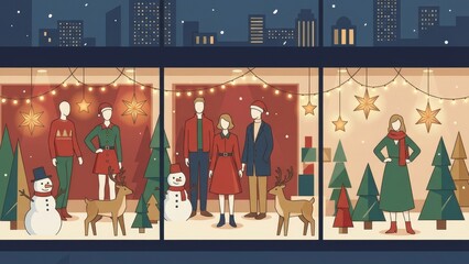 Cozy Winter Christmas Window Display With People and Trees.