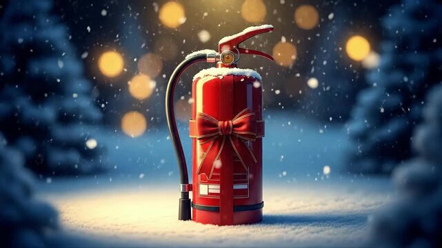 Christmas fire extinguisher as a festive present wrapped with a red ribbon and bow on a snowy winter night background. Fire safety concept for holiday season.