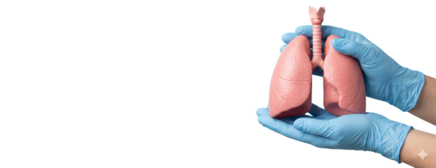 Hands in blue gloves holding anatomical model of lungs, emphasizing care and medical attention transparent backdrop