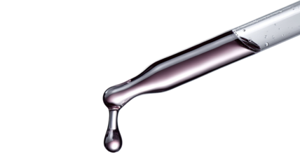 Glass dropper releasing cosmetic serum droplet with liquid texture macro skincare beauty product isolated on white background