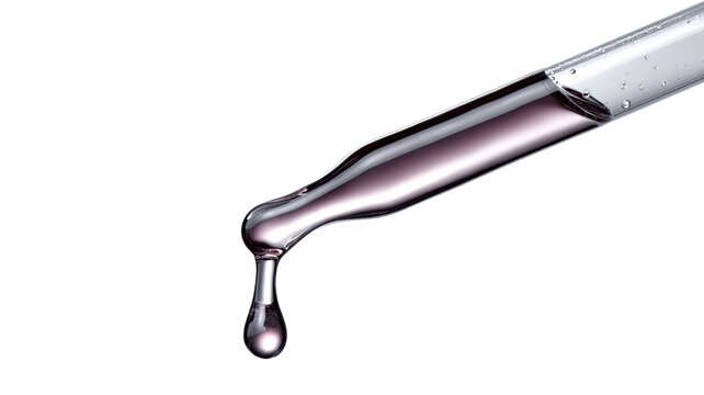 Glass dropper releasing cosmetic serum droplet with liquid texture macro skincare beauty product isolated on white background