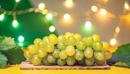 Uvas verdes frescas sobre fondo navideño elegante símbolo tradicional de la Nochevieja española de fin de año para celebrar el Año Nuevo y la buena suerte, con espacio para texto de felicitacion