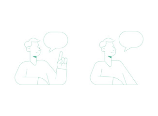 Minimal line style male character explaining ideas with speech bubble element for communication, presentation, discussion, and information concept.