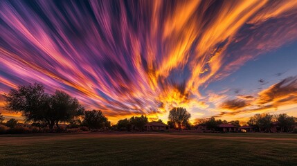 Vibrant sunset with purple and orange clouds over a serene landscape with trees