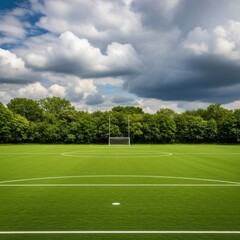 Empty green football field under dramatic cloudy sky