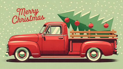 Red truck carrying Christmas tree on a festive background with holiday decorations